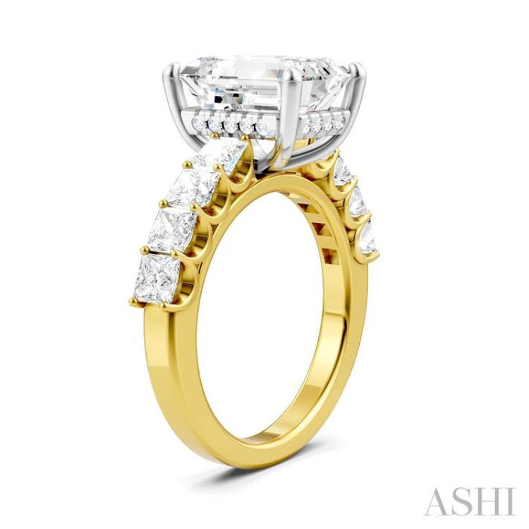 1 1/3 Ctw Emerald Shape Princess and Round Cut Diamond Semi-Mount Engagement Ring in 14K Yellow and White Gold