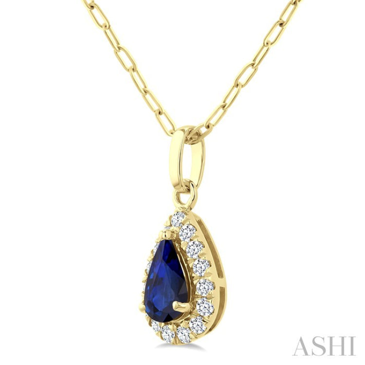 6x4 MM Pear Shape Sapphire and 1/6 Ctw Round Cut Diamond Halo Precious Pendant with Chain in 14K Yellow Gold
