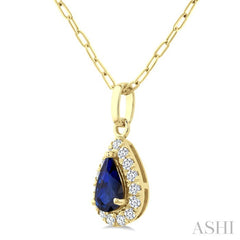 6x4 MM Pear Shape Sapphire and 1/6 Ctw Round Cut Diamond Halo Precious Pendant with Chain in 14K Yellow Gold
