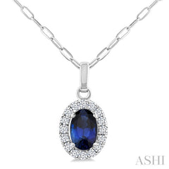 6x4 MM Oval Shape Sapphire and 1/6 Ctw Round Cut Diamond Halo Precious Pendant with Chain in 14K White Gold