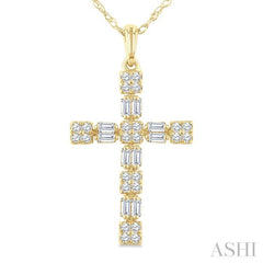1/3 Ctw Geometric Cross Fusion Baguette and Round Cut Diamond Fashion Pendant With Chain in 14K Yellow Gold