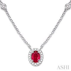 6x4 MM Oval Cut Ruby and 1/6 Ctw Round Cut Diamond Necklace in 14K White Gold