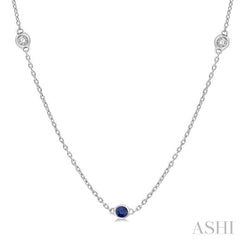 1.75 MM Sapphire and 1/6 Ctw Round Cut Diamond Precious Station Necklace in 14K White Gold
