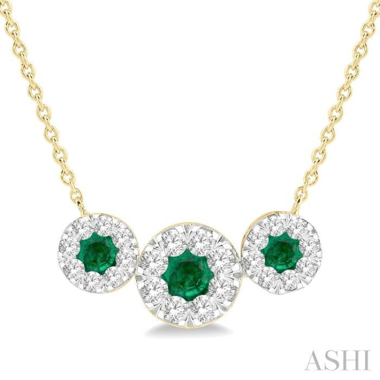 3.80 MM & 3 MM Round Shape Emerald and 5/8 Ctw Round Cut Diamond Past Present & Future Precious Lovebright Necklace in 14K Yellow and White Gold