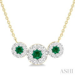 3.80 MM & 3 MM Round Shape Emerald and 5/8 Ctw Round Cut Diamond Past Present & Future Precious Lovebright Necklace in 14K Yellow and White Gold