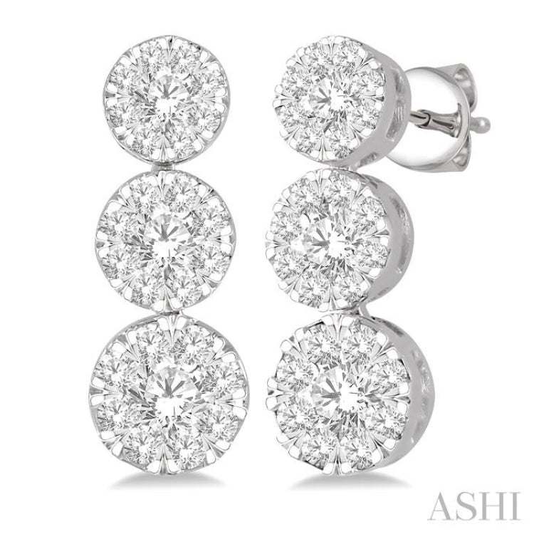 1 Ctw Hanging Triple Mount Lovebright Round Cut Diamond Earrings in 14K White Gold