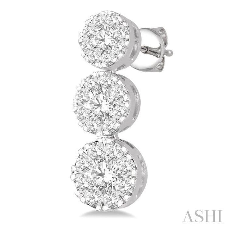 1 Ctw Hanging Triple Mount Lovebright Round Cut Diamond Earrings in 14K White Gold