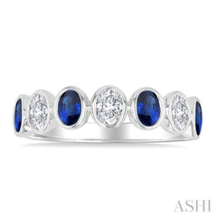4X3 MM Oval Shape Sapphire and 1/2 Ctw Oval Cut Diamond 7 Stone Bezel Set Precious Fashion Band in 14K White Gold
