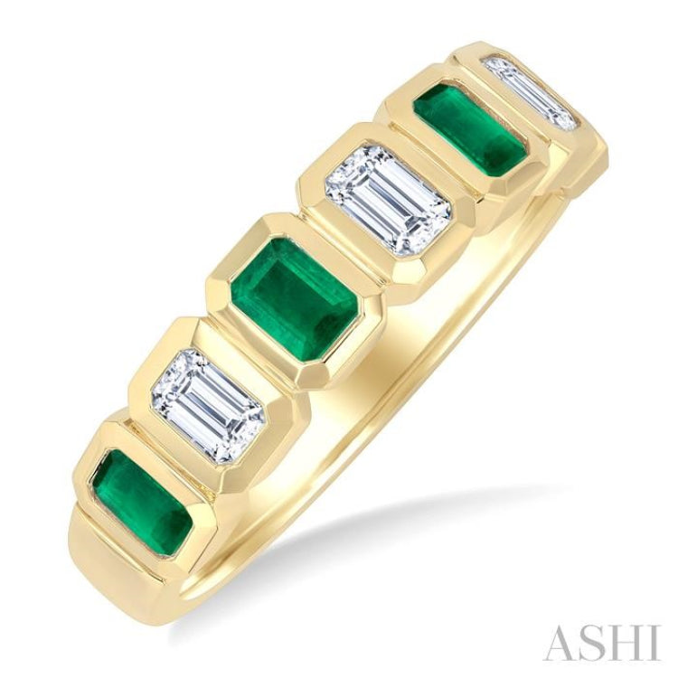 4X3 MM Octagonal Shape Emerald and 5/8 Ctw Emerald Cut Diamond 7 Stone Bezel Set Precious Fashion Band in 14K Yellow Gold