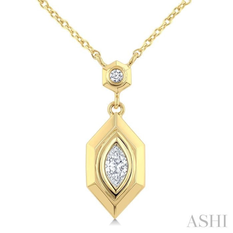 1/6 Ctw Hexagon Shaped Marquise and Round Cut Diamond Fashion Pendant With Chain in 14K Yellow Gold