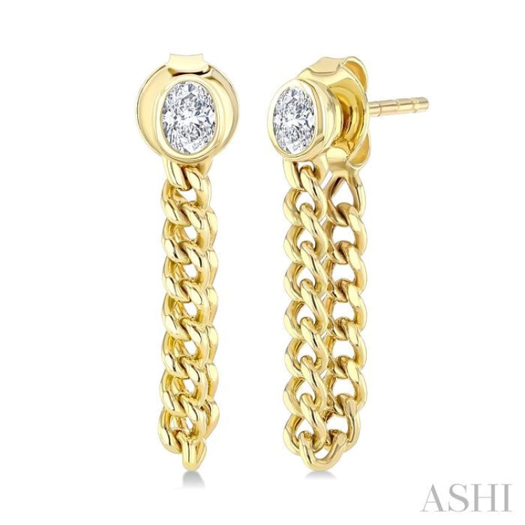 1/3 Ctw Bezel Set Oval Cut Diamond Curb Link Chain Dangler Fashion Earring in 14K Yellow Gold