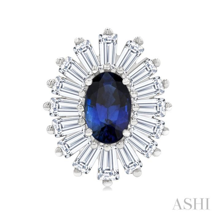1/2 Ctw 5X3MM Oval Cut Sapphire and Baguette Cut Diamond Halo Precious Stud Earring in 14K White Gold
