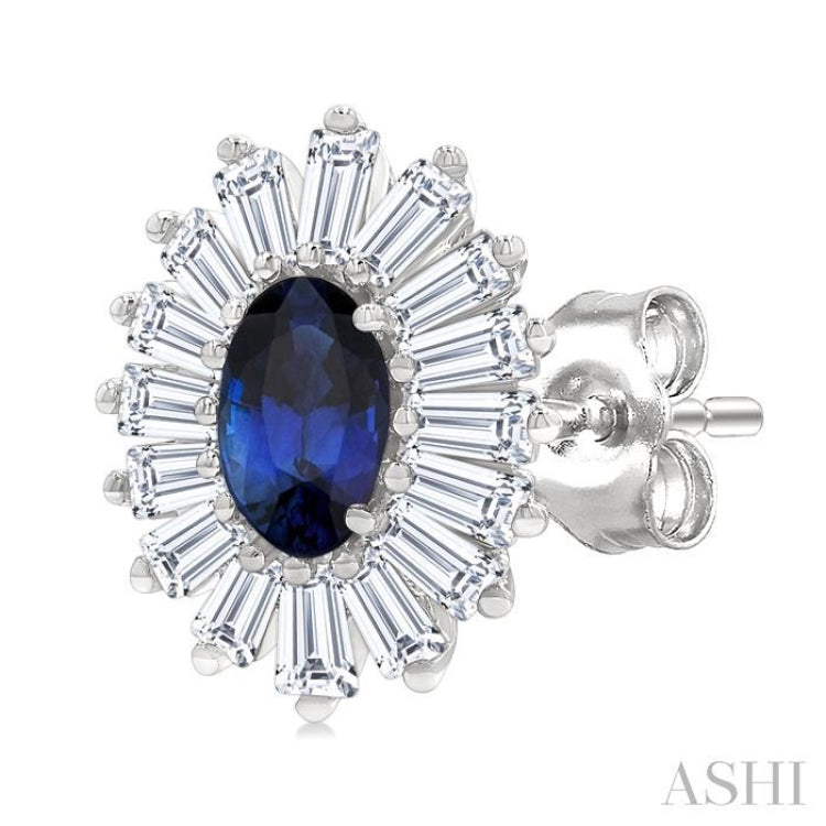 1/2 Ctw 5X3MM Oval Cut Sapphire and Baguette Cut Diamond Halo Precious Stud Earring in 14K White Gold