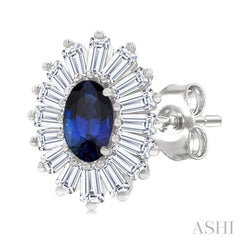 1/2 Ctw 5X3MM Oval Cut Sapphire and Baguette Cut Diamond Halo Precious Stud Earring in 14K White Gold