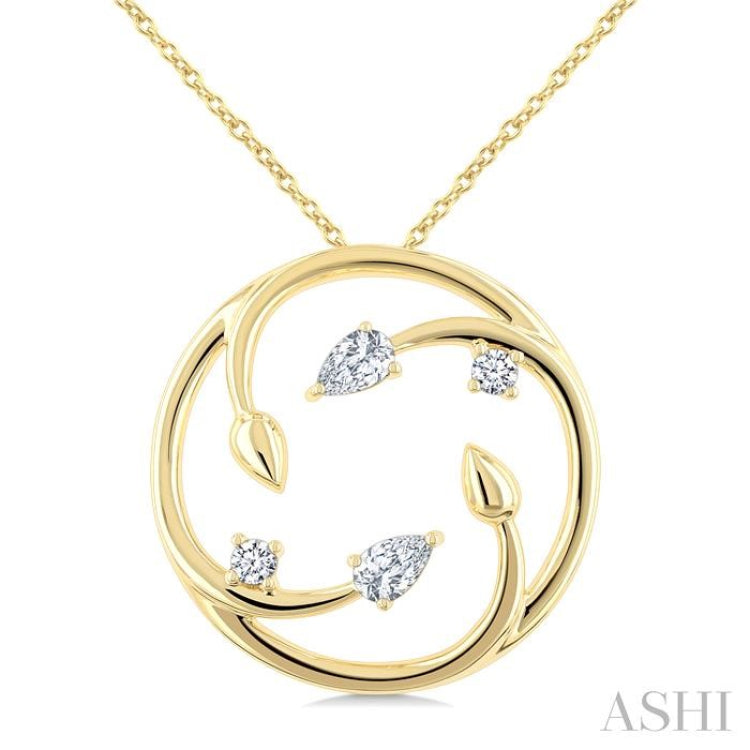 1/4 Ctw Branched Leaf Pear and Round Cut Diamond Circle Fashion Pendant With Chain in 14K Yellow Gold