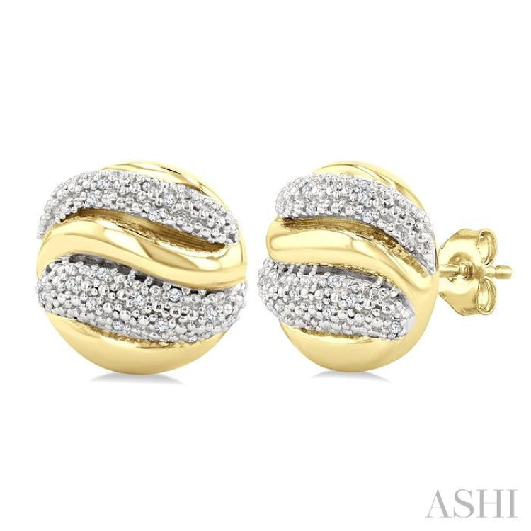 1/10 Ctw Circular Shape Bold Puffed Ribbed Swirl Round Cut Diamond Fashion Stud Earring in Yellow Gold Vermeil
