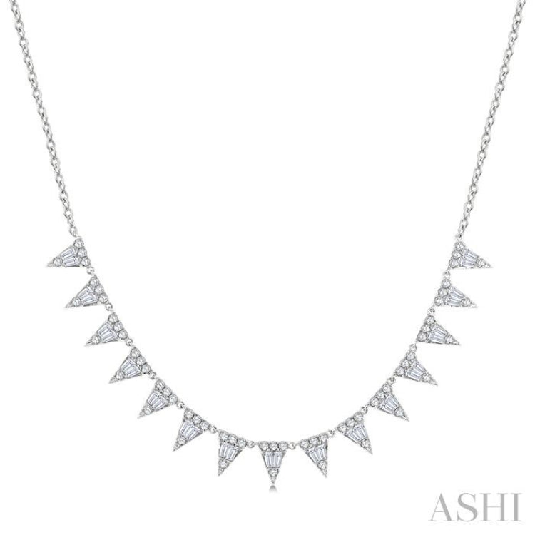 1 1/2 Ctw Inverted Triangle Motif Baguette and Round Cut Diamond Necklace in 14K White Gold