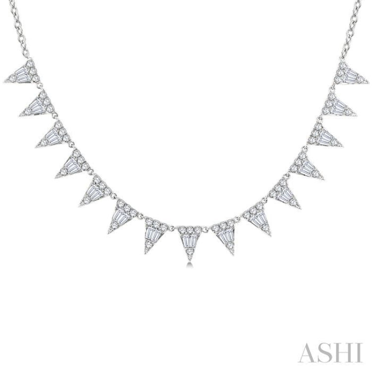 1 1/2 Ctw Inverted Triangle Motif Baguette and Round Cut Diamond Necklace in 14K White Gold