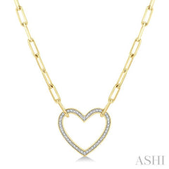 1/10 Ctw Heart Frame Round Cut Diamond Fashion Pendant With Paperclip Chain in Yellow Gold Vermeil