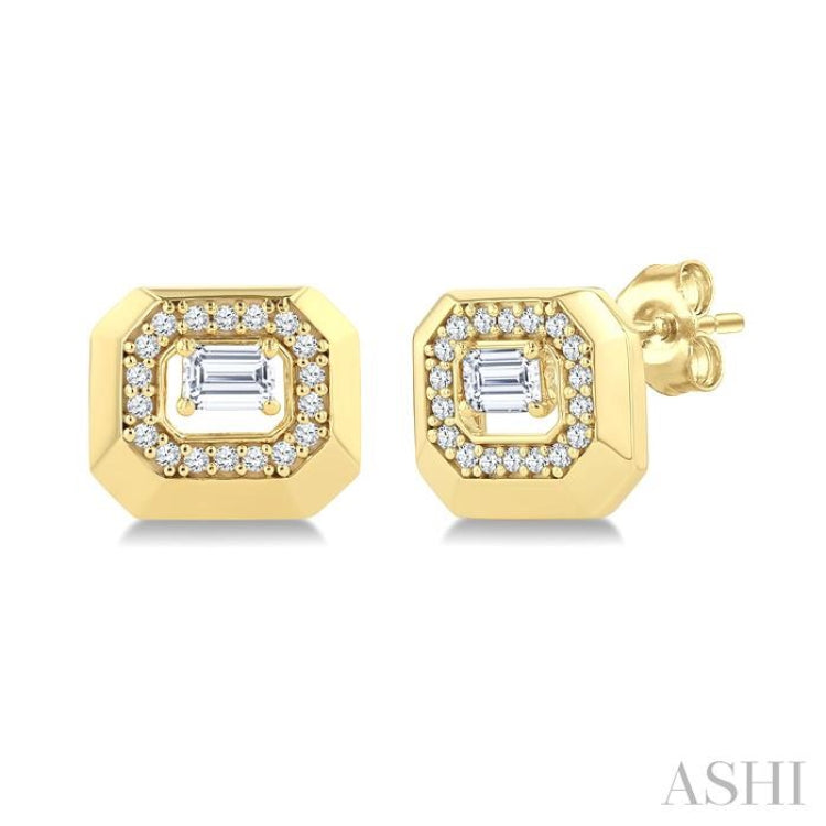 1/2 Ctw Open Window Octagonal Shape Emerald and Round Cut Diamond Fashion Stud Earring in 14K Yellow Gold