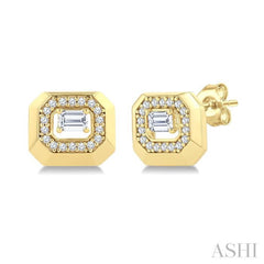 1/2 Ctw Open Window Octagonal Shape Emerald and Round Cut Diamond Fashion Stud Earring in 14K Yellow Gold
