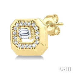 1/2 Ctw Open Window Octagonal Shape Emerald and Round Cut Diamond Fashion Stud Earring in 14K Yellow Gold