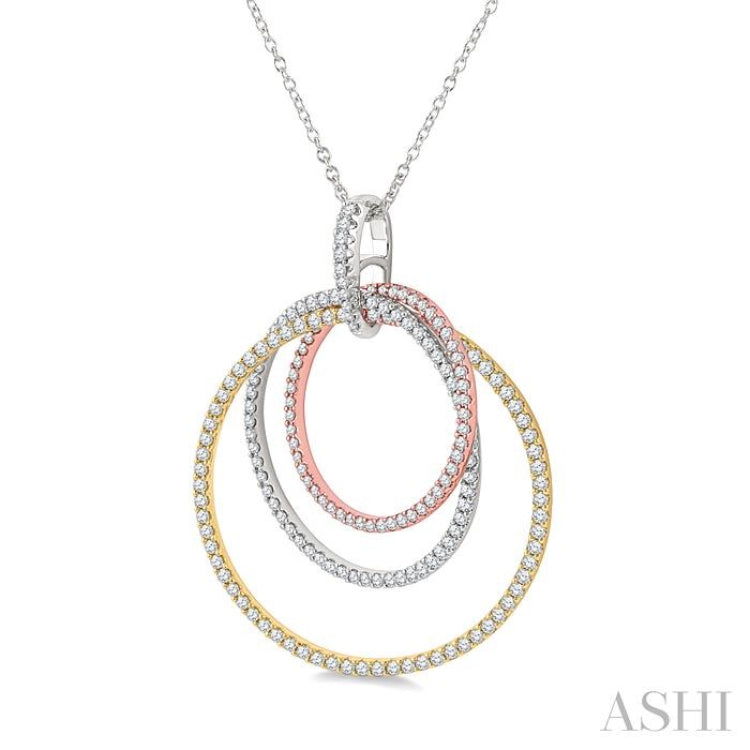 1 1/6 Ctw Intertwined Triple Circle Round Cut Diamond Fashion Pendant With Chain in 14K Tri Color Gold