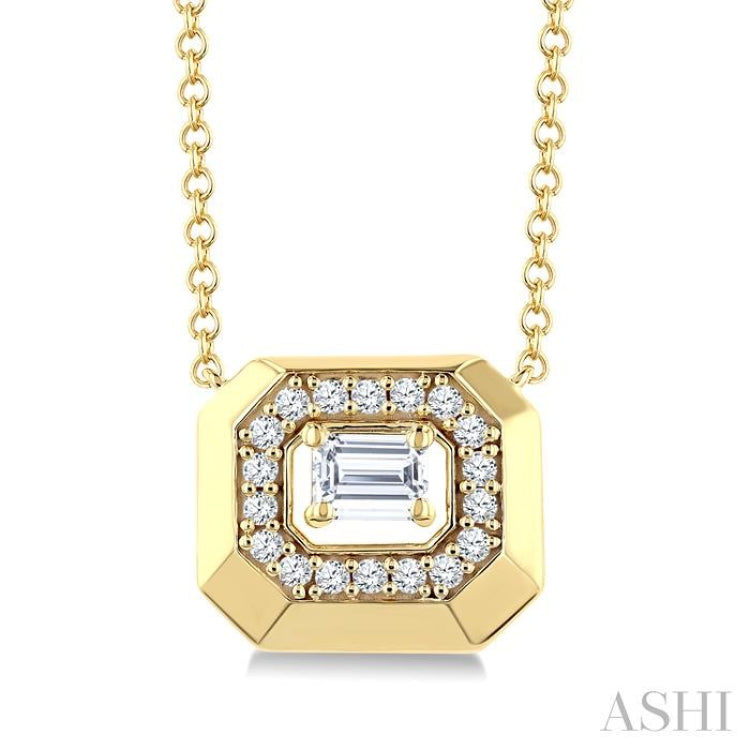 1/3 Ctw Open Window Octagonal Shape Emerald and Round Cut Diamond Fashion Pendant With Chain in 14K Yellow Gold