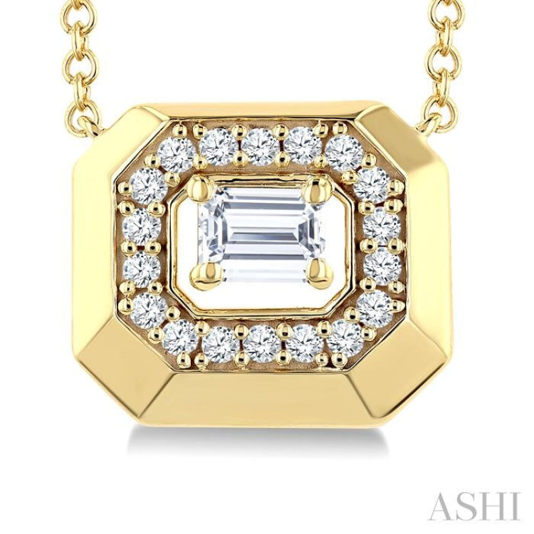 1/3 Ctw Open Window Octagonal Shape Emerald and Round Cut Diamond Fashion Pendant With Chain in 14K Yellow Gold