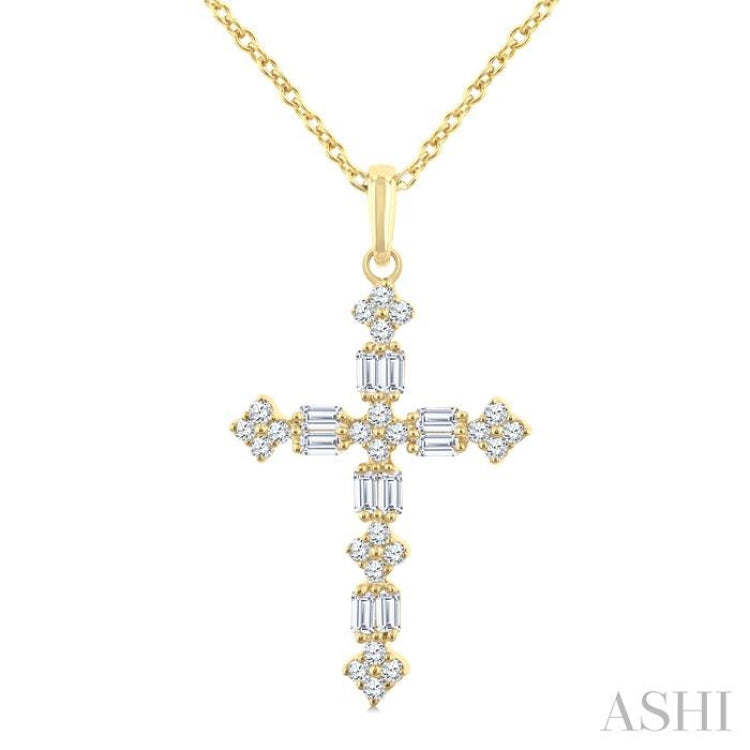 1/3 Ctw Floral Cross Fusion Baguette and Round Cut Diamond Fashion Pendant With Chain in 14K Yellow Gold