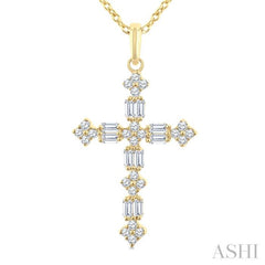1/3 Ctw Floral Cross Fusion Baguette and Round Cut Diamond Fashion Pendant With Chain in 14K Yellow Gold