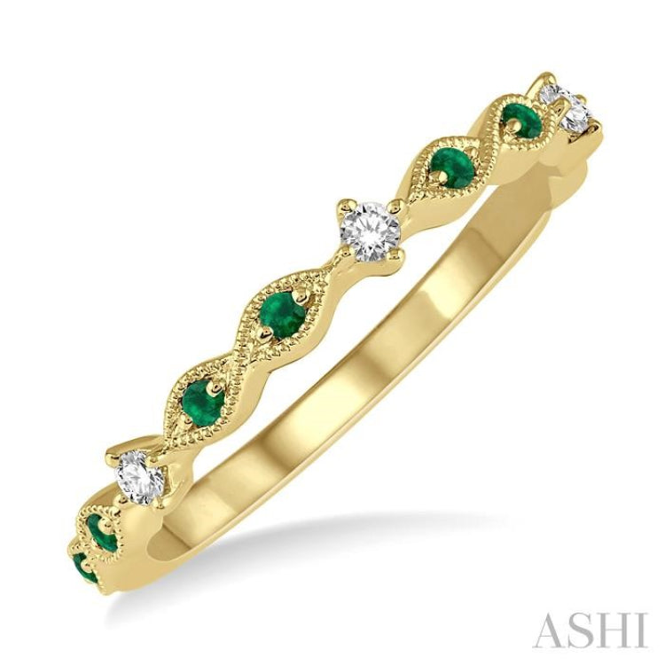 1.25 MM Round Cut Green Emerald and 1/20 Ctw Round Cut Diamond Precious Half Eternity Wedding Band in 14K Yellow Gold