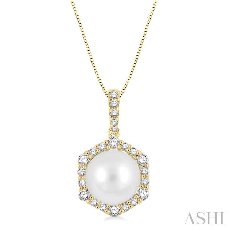 8 MM Cultured Pearl and 1/3 Ctw Hexagon Shape Round Cut Diamond Pendant With Chain in 14K Yellow Gold