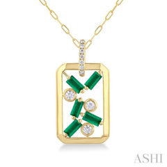 4x2 MM Scatter Baguette Cut Emerald and 1/6 Ctw Round Cut Diamond Precious Fashion Pendant With Chain in 14K Yellow Gold