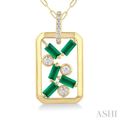 4x2 MM Scatter Baguette Cut Emerald and 1/6 Ctw Round Cut Diamond Precious Fashion Pendant With Chain in 14K Yellow Gold