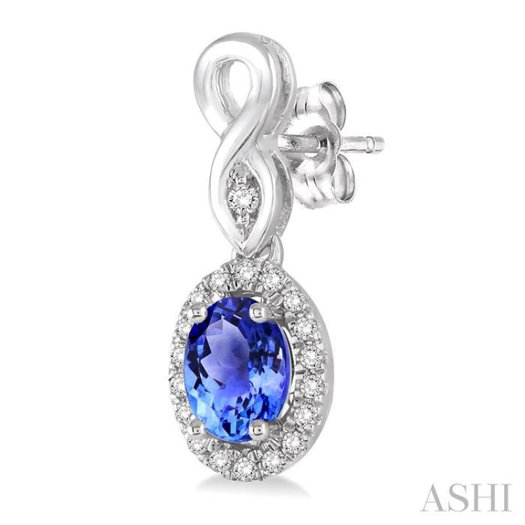 5x3 MM Oval Cut Tanzanite and 1/6 Ctw Round Cut Diamond Earrings in 14K White Gold