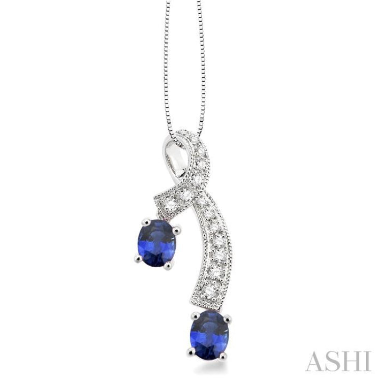 5x4 MM Oval Cut Sapphire and 1/6 Ctw Round Cut Diamond Precious Pendant in 14K White Gold with Chain