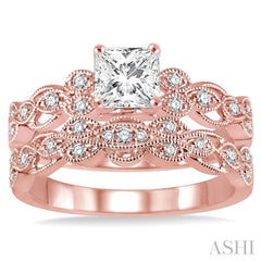 1/2 Ctw Diamond Wedding Set with 1/2 Ctw Princess Cut Engagement Ring and 1/10 Ctw Wedding Band in 14K Rose Gold