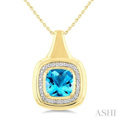 8 MM Cushion Shape Blue Topaz and 1/20 Ctw Round Cut Diamond Semi-Precious Pendant With Chain in Yellow Gold Vermeil