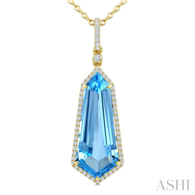 22X9 MM Shield Shape Blue Topaz and 1/4 Ctw Round Cut Diamond Semi-Precious Pendant With Chain in 14K Yellow Gold