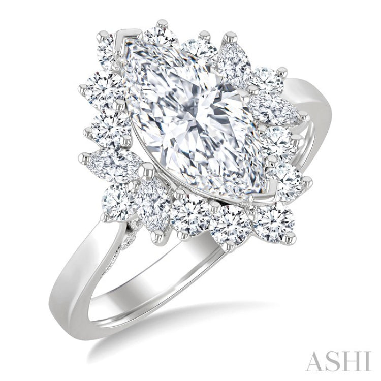 7/8 Ctw Marquise and Round Cut Diamond Halo Semi Mount Engagement Ring in 14K White Gold