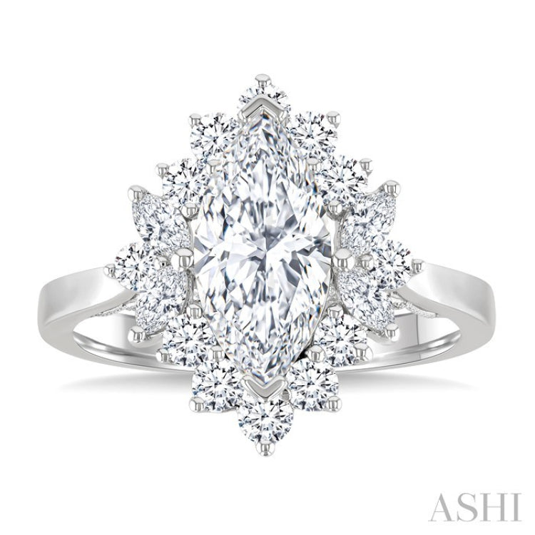 7/8 Ctw Marquise and Round Cut Diamond Halo Semi Mount Engagement Ring in 14K White Gold
