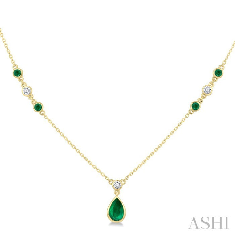 6X4 MM & 2 MM Pear and Round Shape Emerald and 1/6 Ctw Round Cut Diamond Drop Necklace in 14K Yellow Gold