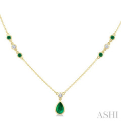 6X4 MM & 2 MM Pear and Round Shape Emerald and 1/6 Ctw Round Cut Diamond Drop Necklace in 14K Yellow Gold