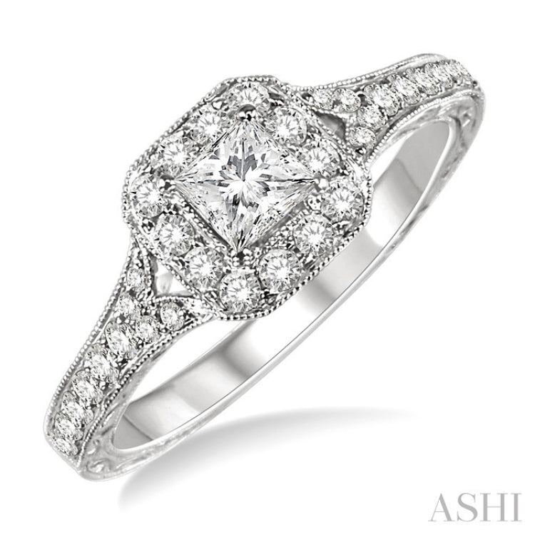 5/8 Ctw Diamond Engagement Ring with 1/4 Ct Princess Cut Center Stone in 14K White Gold