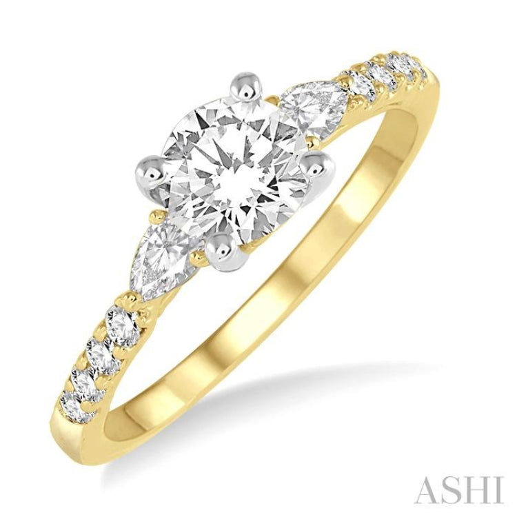 7/8 Ctw Pear and Round Cut Diamond Engagement Ring With 1/2 Ct Round Cut Center Stone in 14K Yellow and White Gold