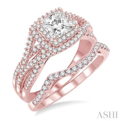 1 1/6 Ctw Diamond Wedding Set with 1 Ctw Princess Cut Engagement Ring and 1/5 Ctw Wedding Band in 14K Rose Gold