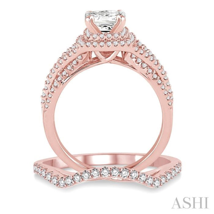 1 1/6 Ctw Diamond Wedding Set with 1 Ctw Princess Cut Engagement Ring and 1/5 Ctw Wedding Band in 14K Rose Gold