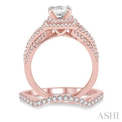 1 1/6 Ctw Diamond Wedding Set with 1 Ctw Princess Cut Engagement Ring and 1/5 Ctw Wedding Band in 14K Rose Gold