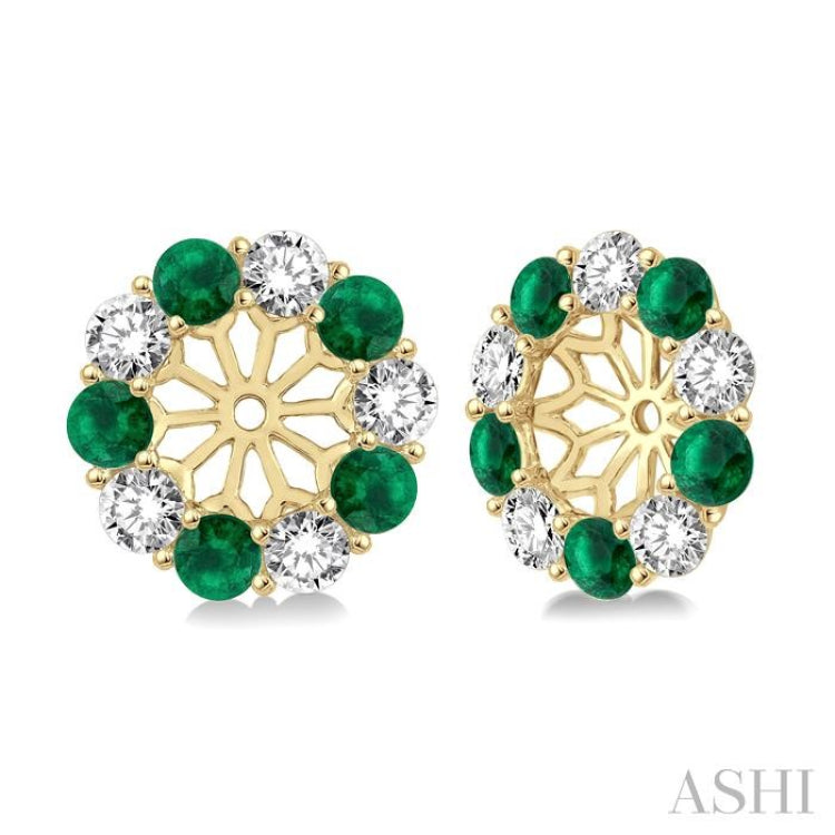 2.9 MM Round Cut Emerald and 1 Ctw Round Cut Diamond Precious Earrings Jacket in 14K Yellow Gold